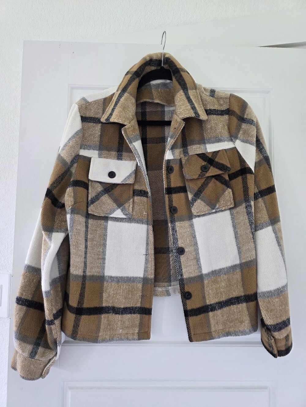 brown and cream plaid cropped flannel Shacket